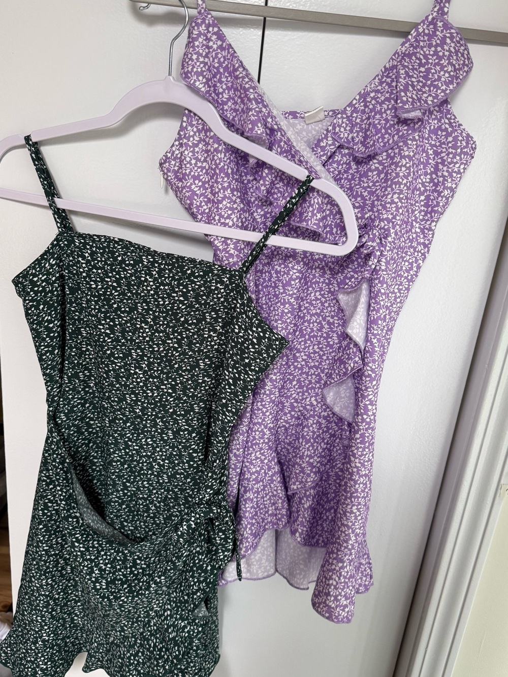 SHEIN Lavender Floral Ruffle Cami Dress & Forest Green Print Cami- set of 2